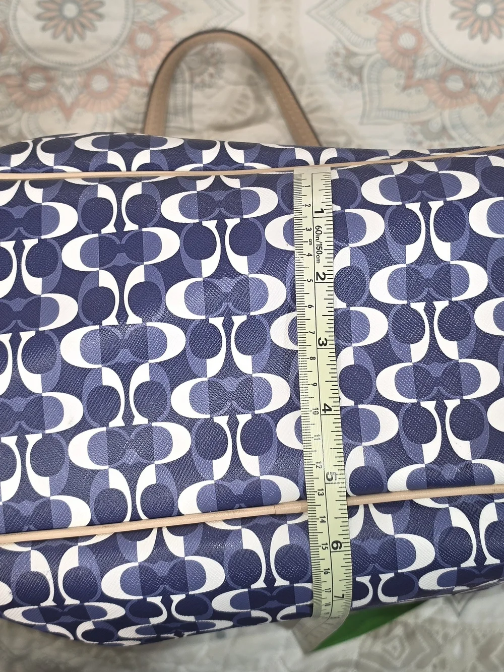COACH Signature Navy Canvas Tote with Tan Leather Trim